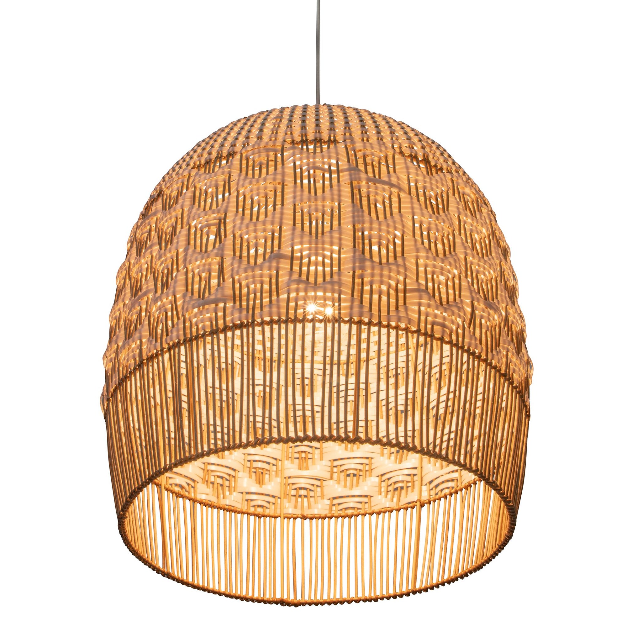 Wicker and Polyrattan Tulip Shaped Chevron Pendant Lamp, White, Diam 19.5 Inches