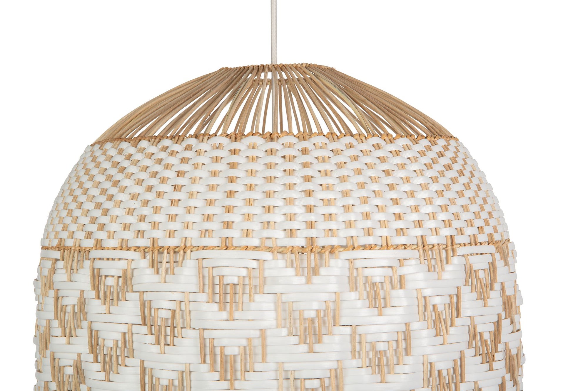 Wicker and Polyrattan Tulip Shaped Chevron Pendant Lamp, White, Diam 19.5 Inches