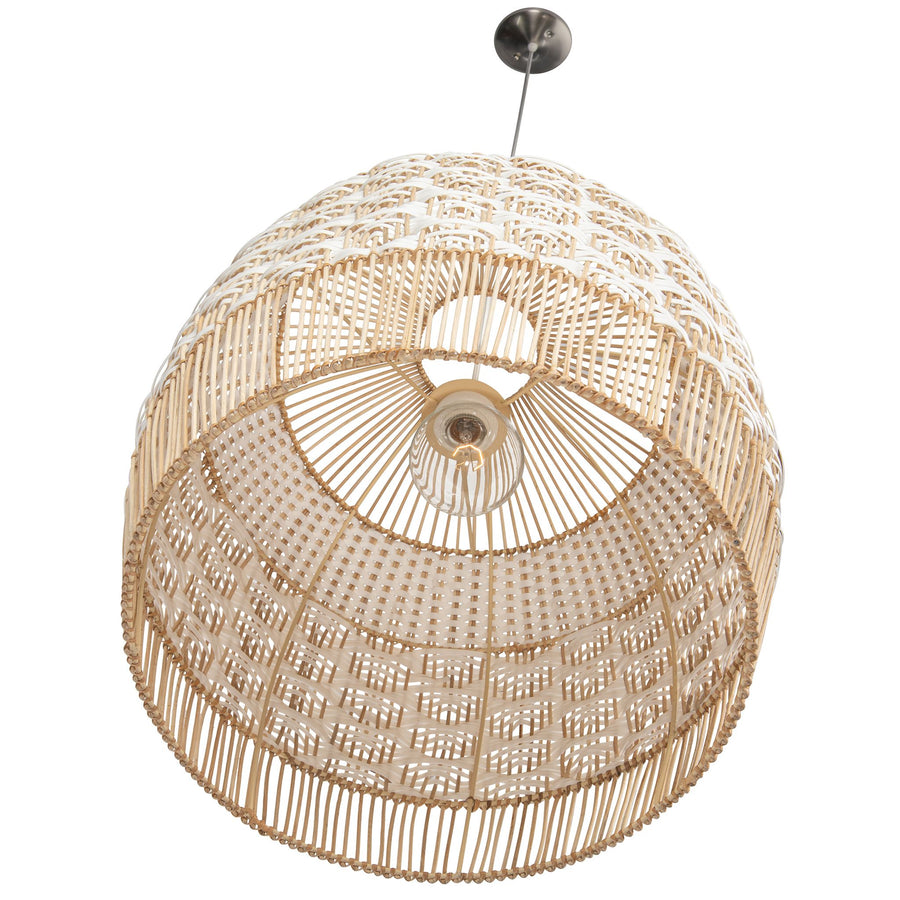 Wicker and Polyrattan Tulip Shaped Chevron Pendant Lamp, White, Diam 19.5 Inches