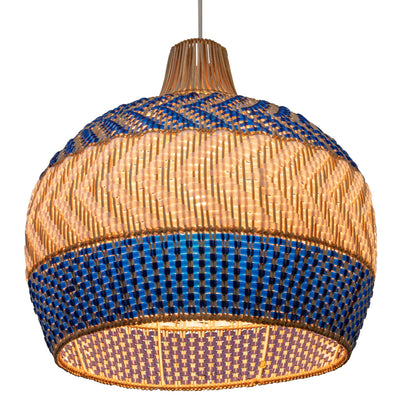 Wicker and Polyrattan Pear Shaped Arrow Pendant Lamp, White & Navy Blue, Diam 18 Inches