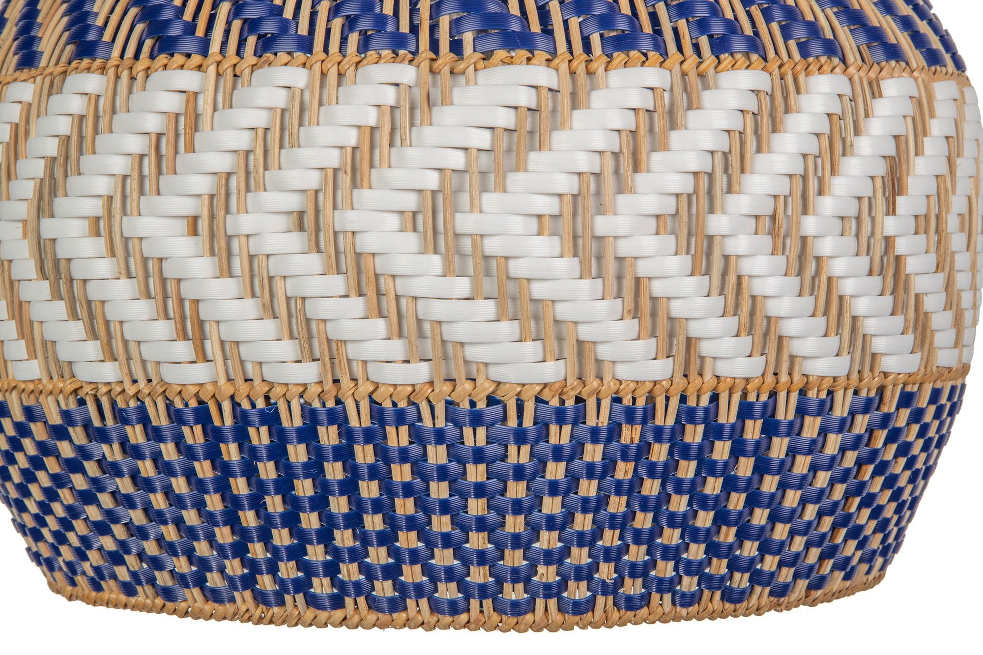 Wicker and Polyrattan Pear Shaped Arrow Pendant Lamp, White & Navy Blue, Diam 18 Inches