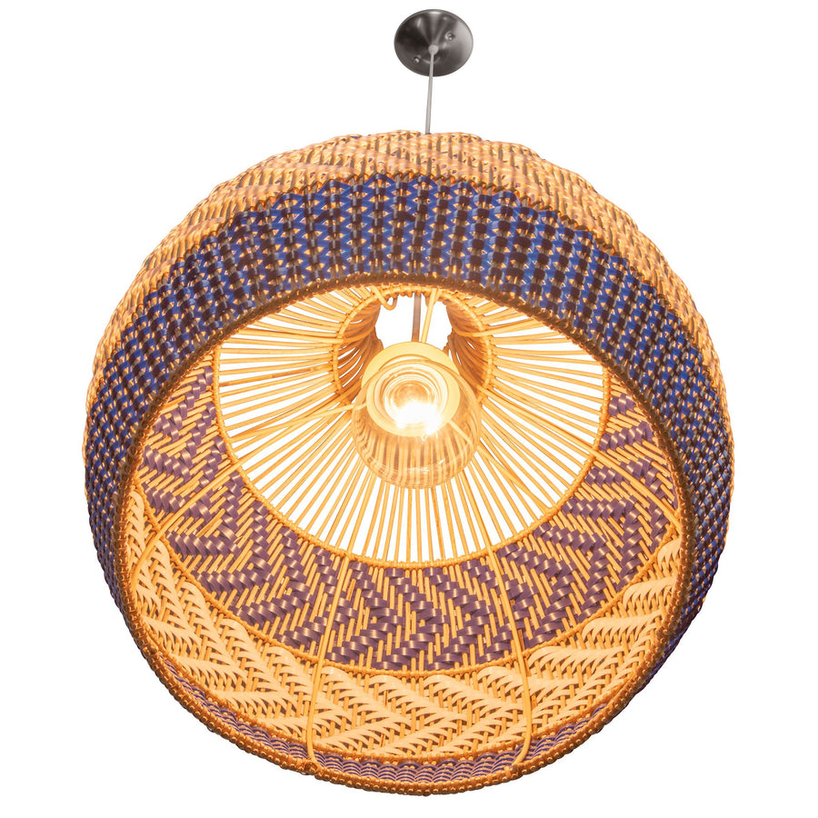Wicker and Polyrattan Pear Shaped Arrow Pendant Lamp, White & Navy Blue, Diam 18 Inches