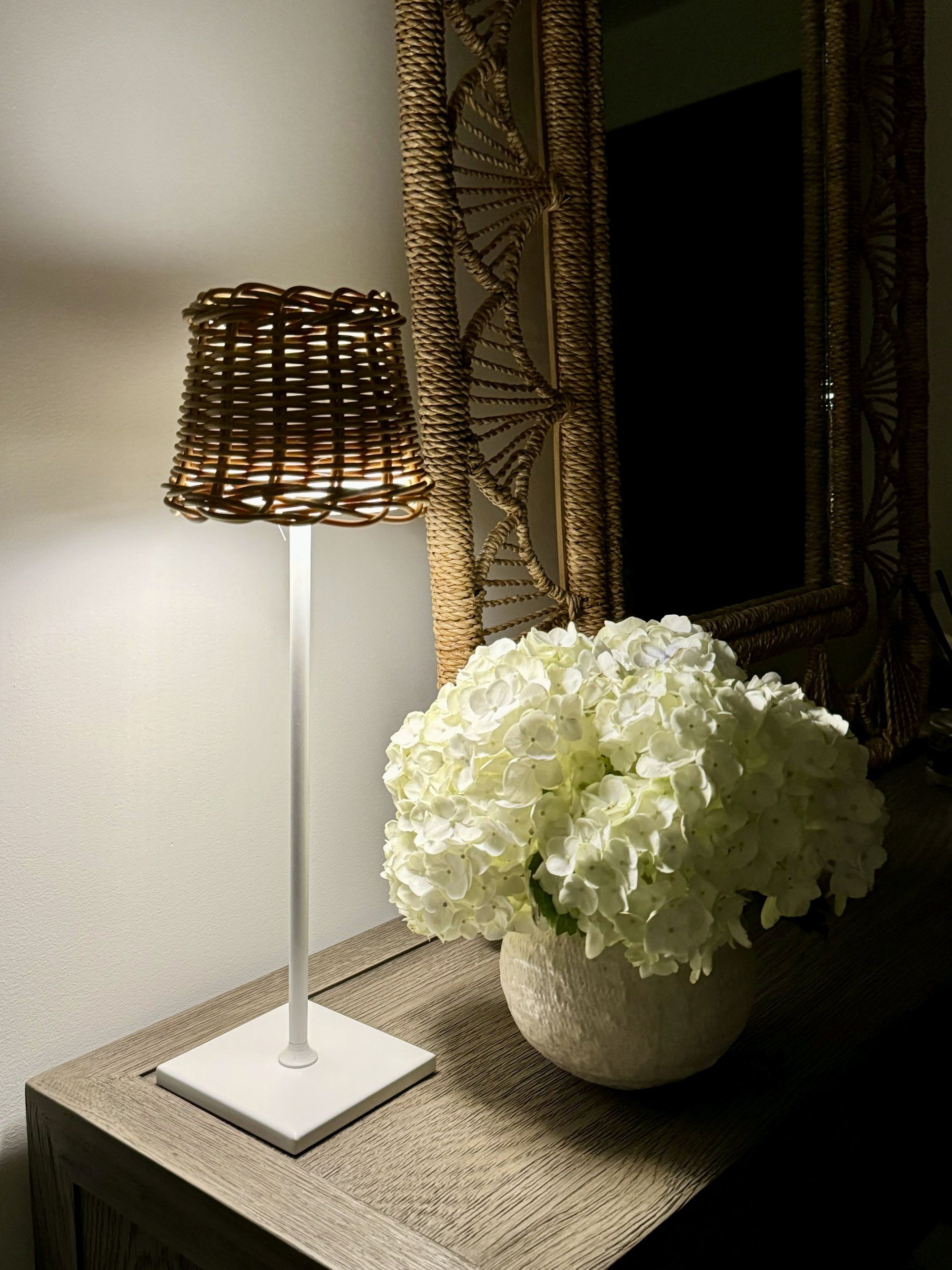 All Weather Wicker Indoor/Outdoor Rechargeable LED Table Lamp, Empire Shade, White Base