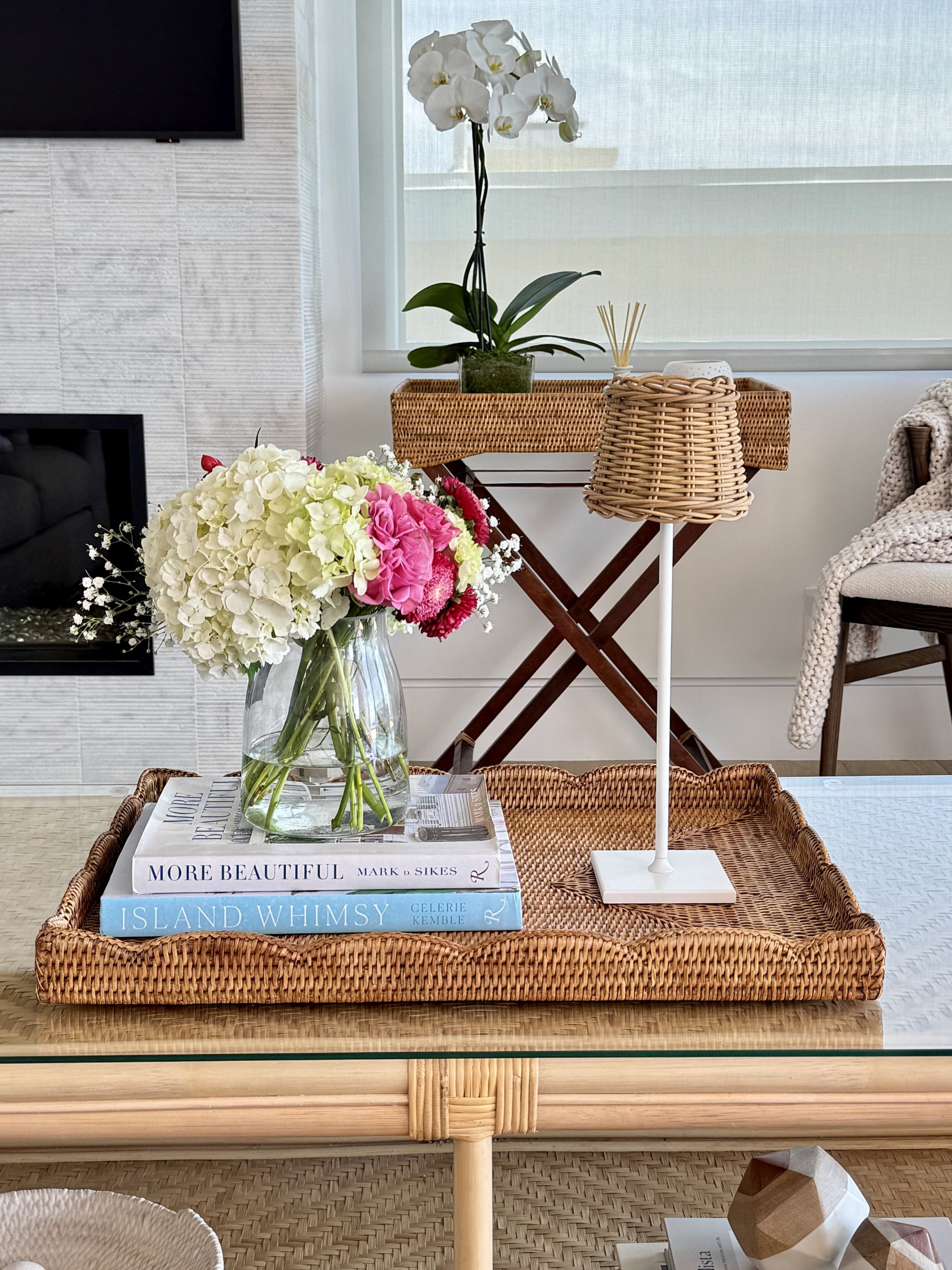 All Weather Wicker Indoor/Outdoor Rechargeable LED Table Lamp, Empire Shade, White Base