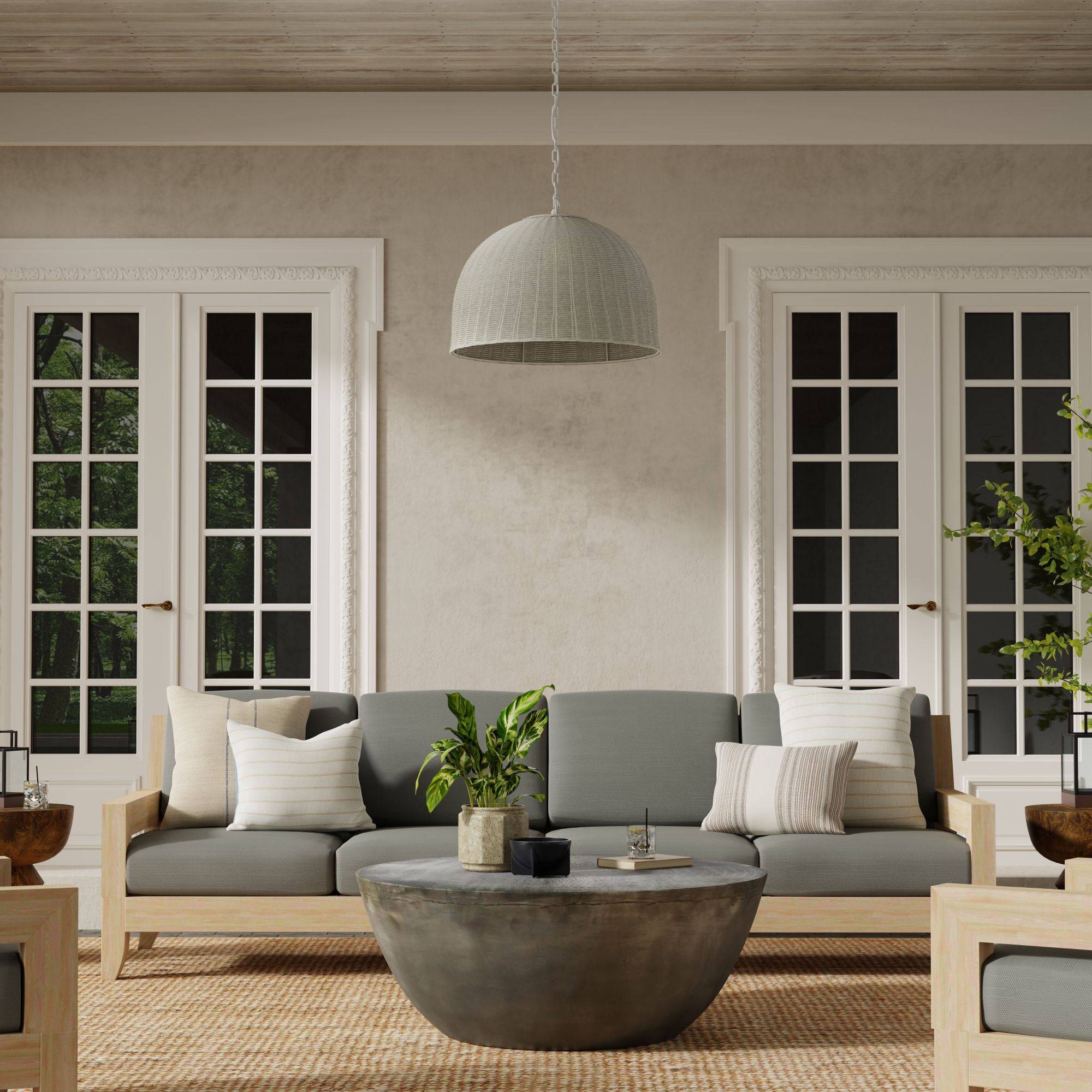 All Weather Wicker Outdoor Dome Pendant Lamp, Brown