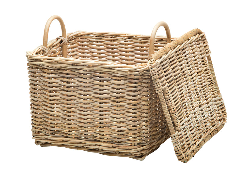 Rattan Core Rectangular Wicker Storage Basket with Lid, Natural