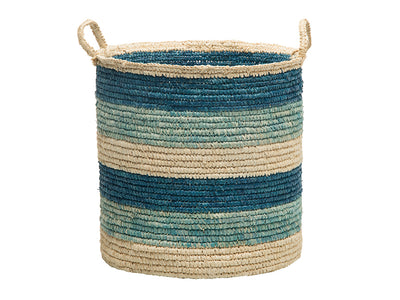 Round Sisal Storage Basket with Handles, Turquoise, Dark Blue and Natural
