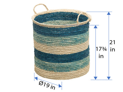 Round Sisal Storage Basket with Handles, Turquoise, Dark Blue and Natural