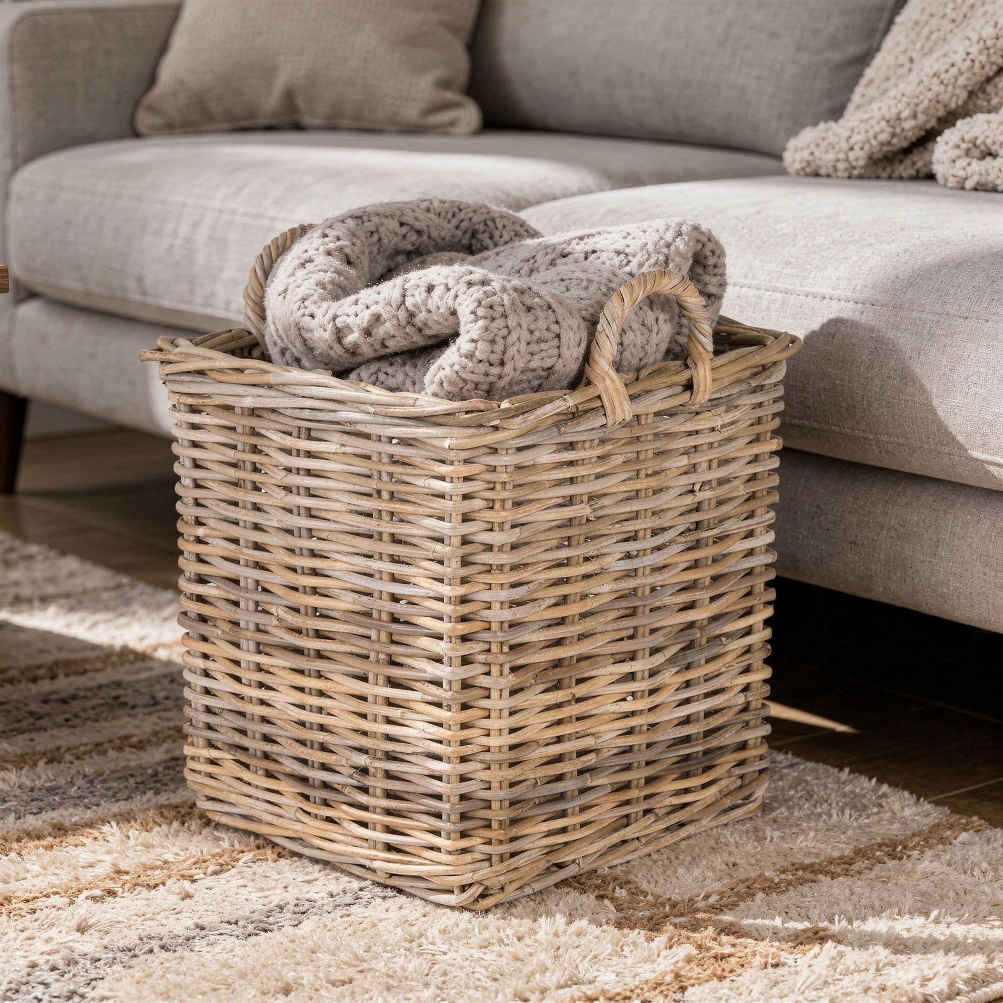 Kobo Square Rattan Basket, Gray-Brown