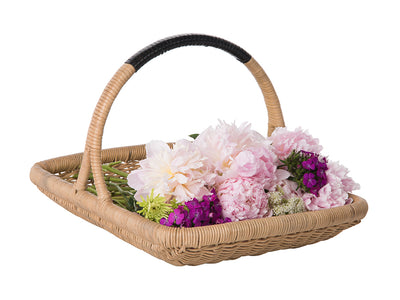 Vegetable and Flower Wicker Basket with Leather Wrapped Arch Handle, Natural Color