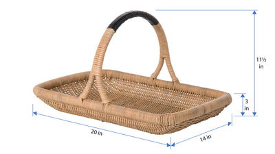 Vegetable and Flower Wicker Basket with Leather Wrapped Arch Handle, Natural Color