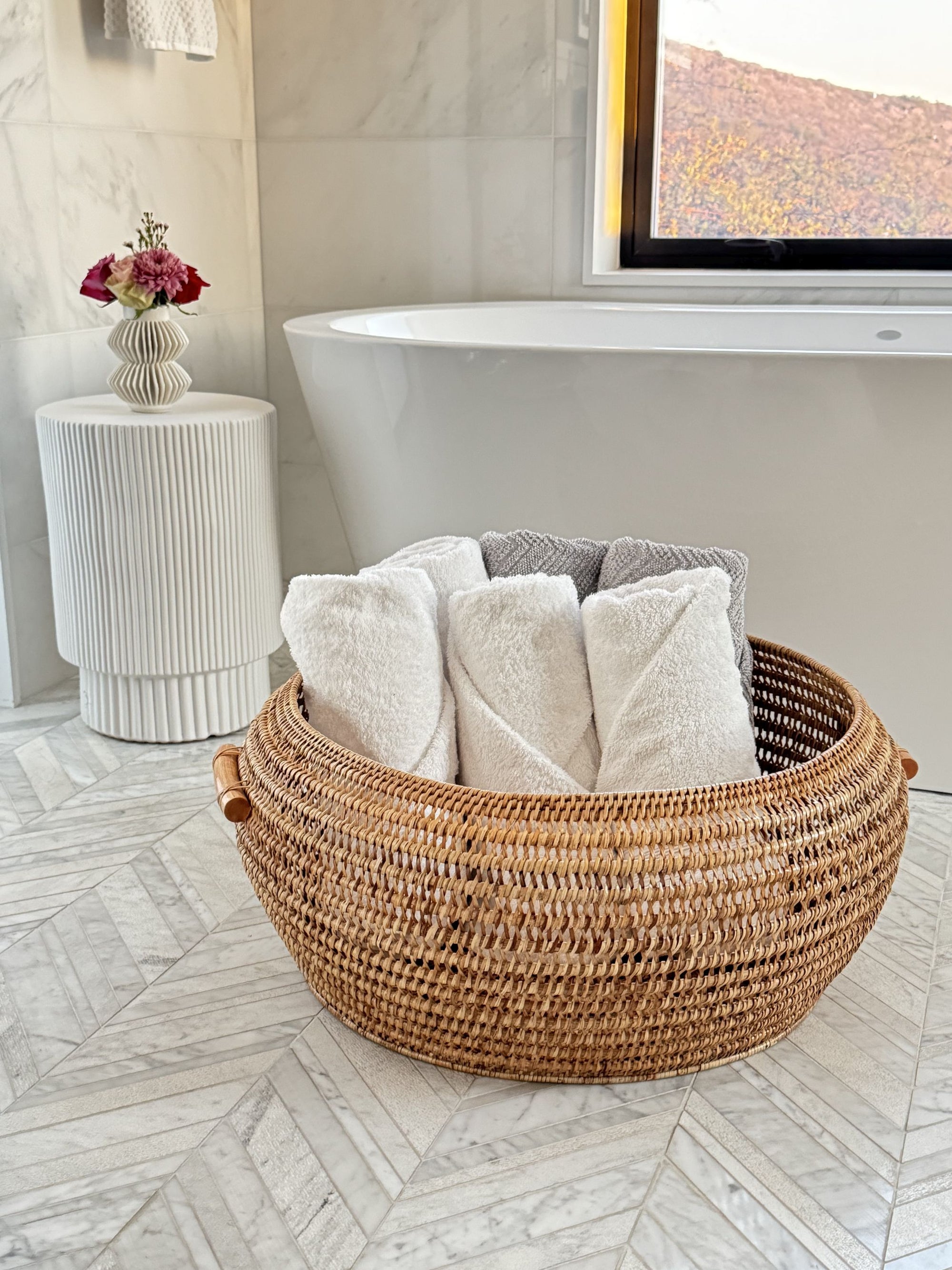 Cambria Bulging Round Open Weave Storage Basket, Honey-Brown