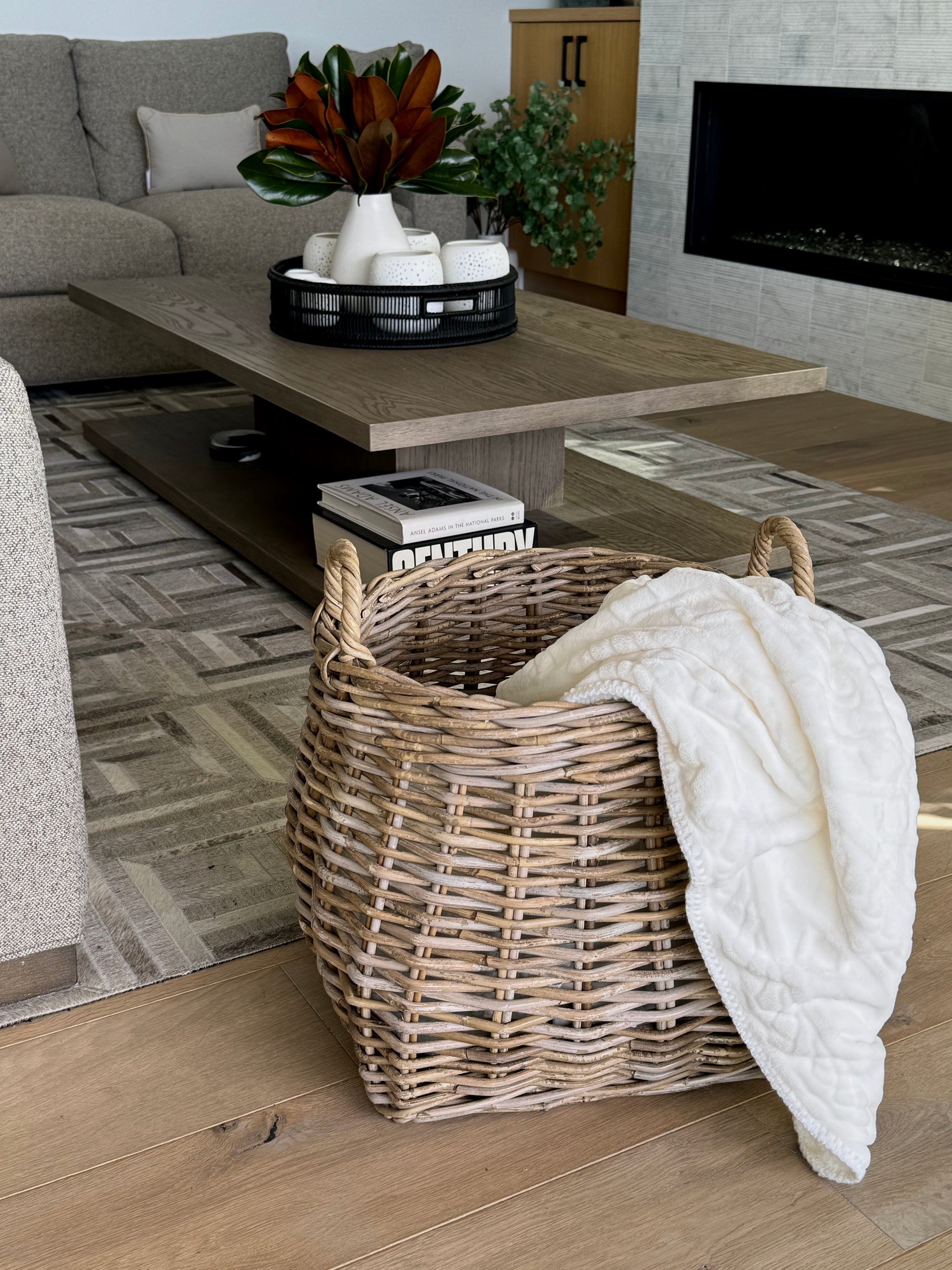 Kobo Round Rattan Belly Basket with Ear Handles, Gray-Brown