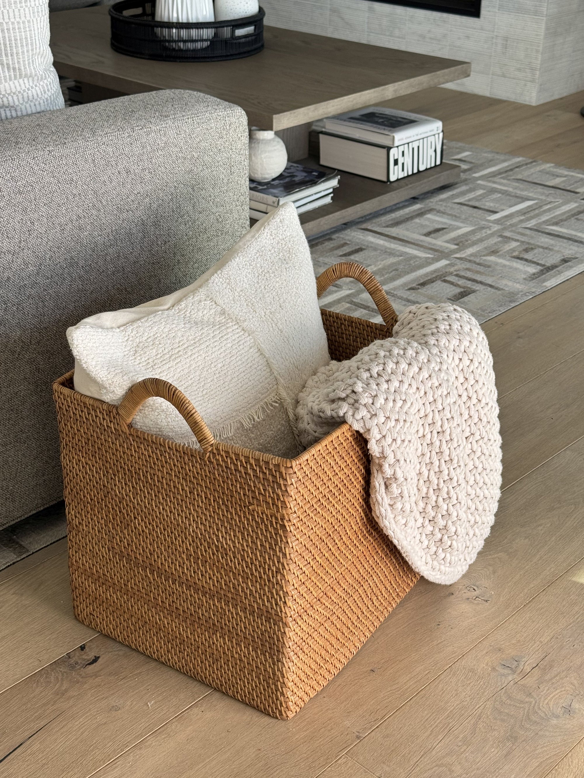 Loma Rectangular Decorative Rattan Storage Basket with Ear Handles, Large