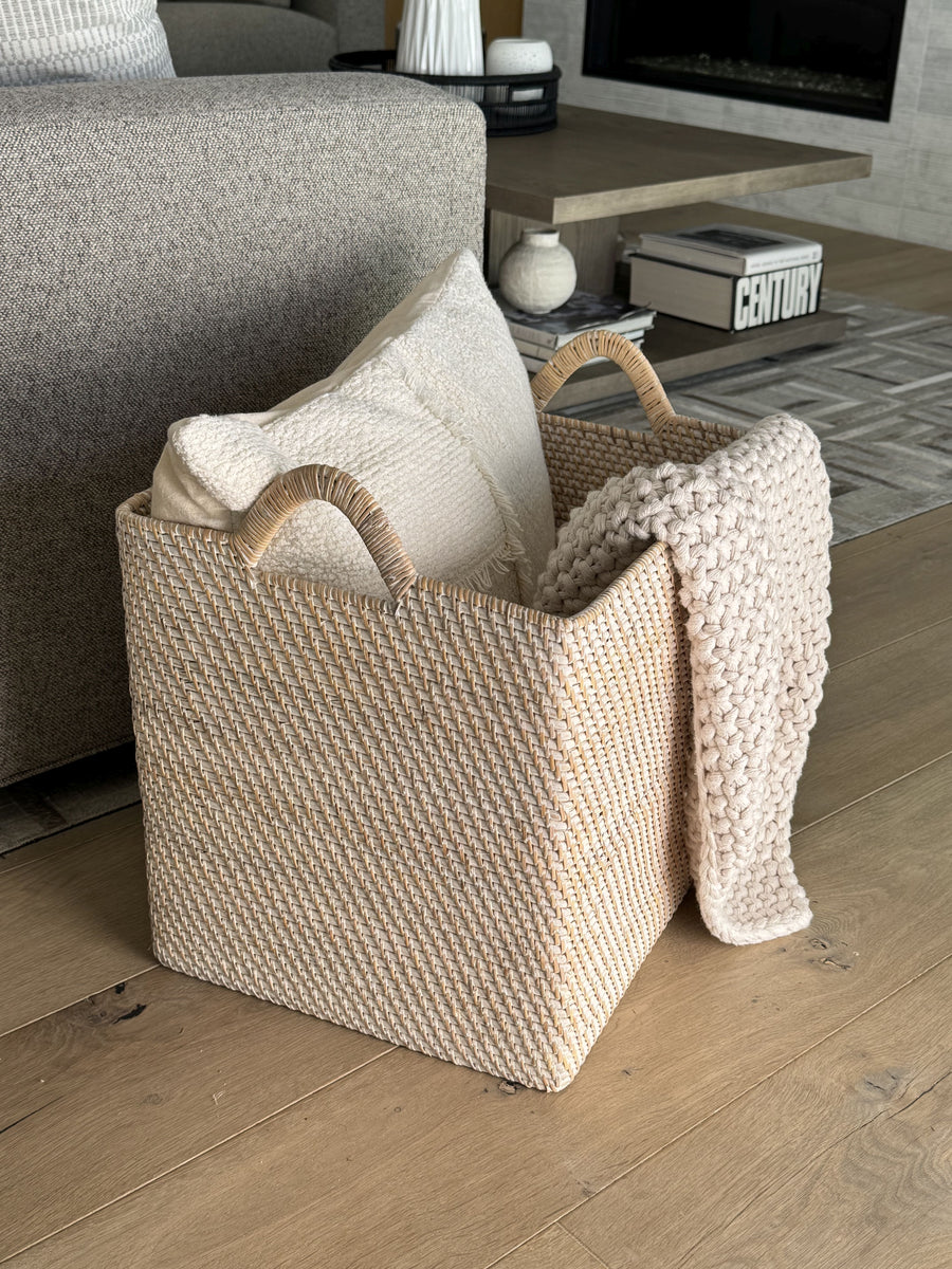 Loma Rectangular Decorative Rattan Storage Basket with Ear Handles, Large