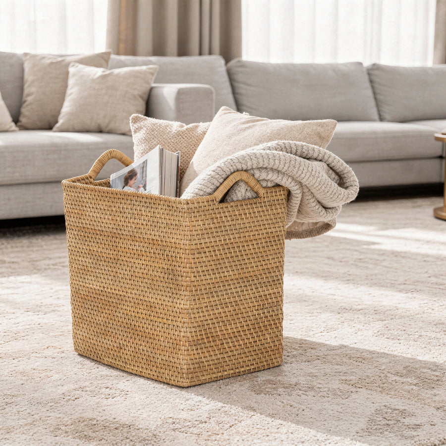 Loma Rectangular Decorative Rattan Storage Basket with Ear Handles, Small