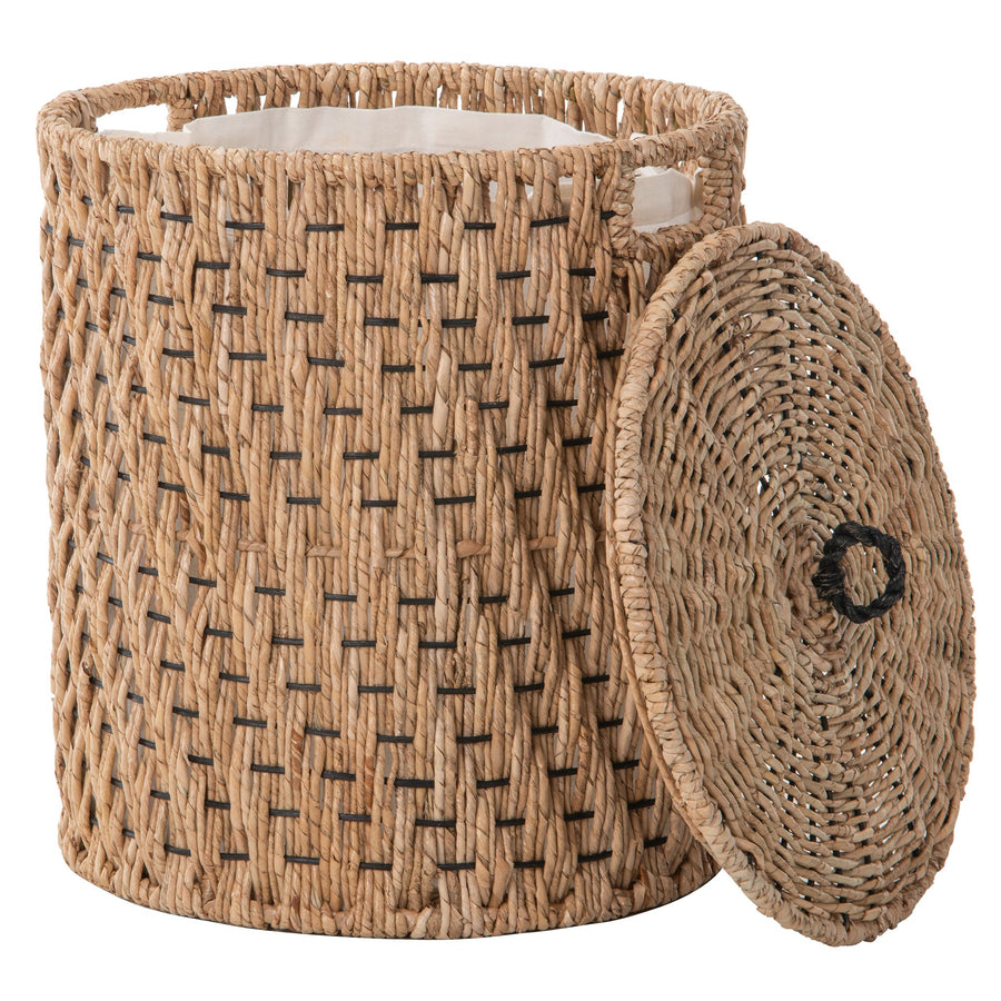 Round Lidded Vertical Weave Seagrass Laundry and Storage Basket with Liner