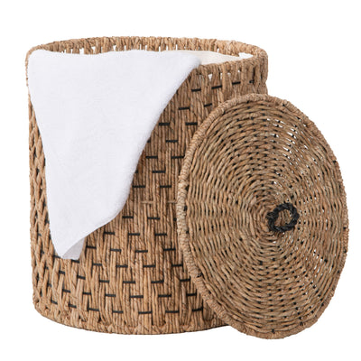 Round Lidded Vertical Weave Seagrass Laundry and Storage Basket with Liner