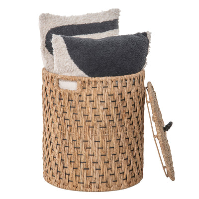 Round Lidded Vertical Weave Seagrass Laundry and Storage Basket with Liner