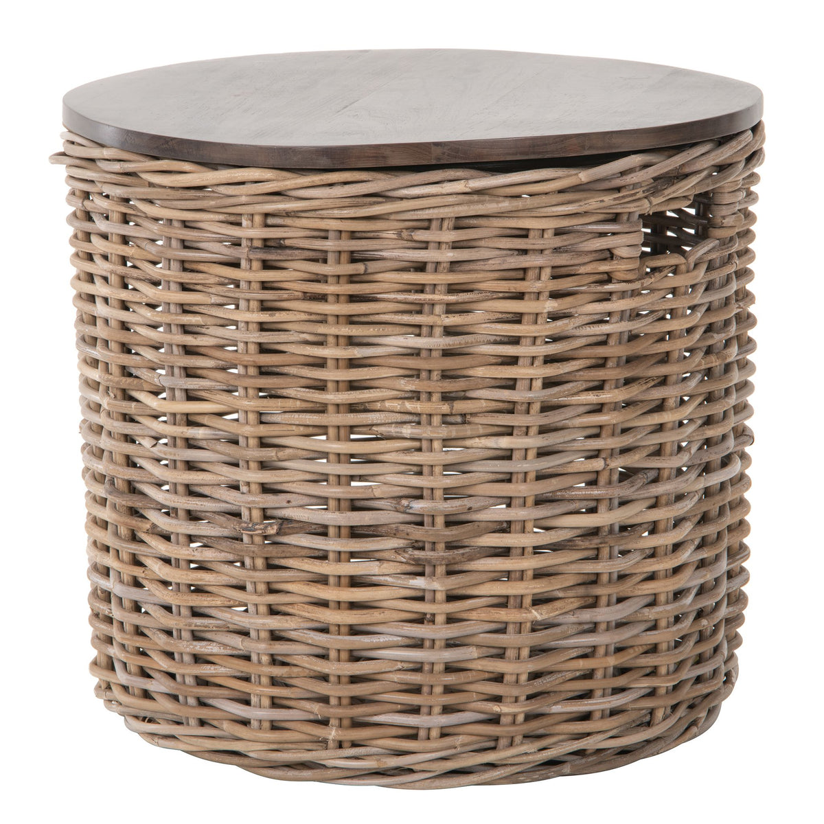 Kouboo Round Rattan Storage Basket with Wood Lid - Side or End Table with Hidden Storage