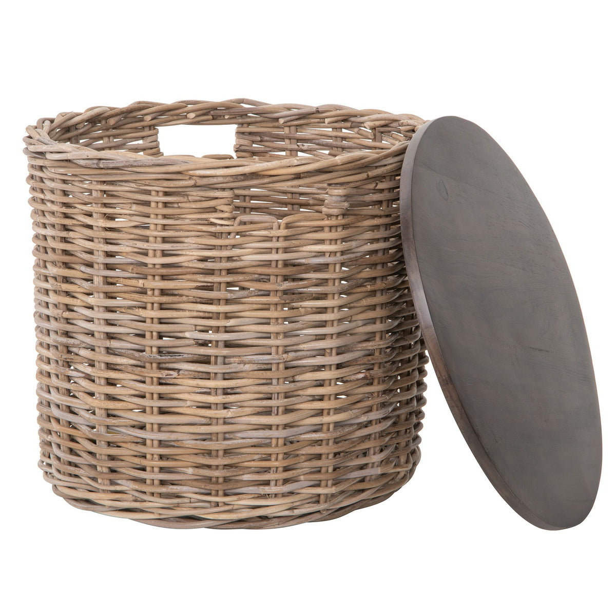 Kouboo Round Rattan Storage Basket with Wood Lid - Side or End Table with Hidden Storage