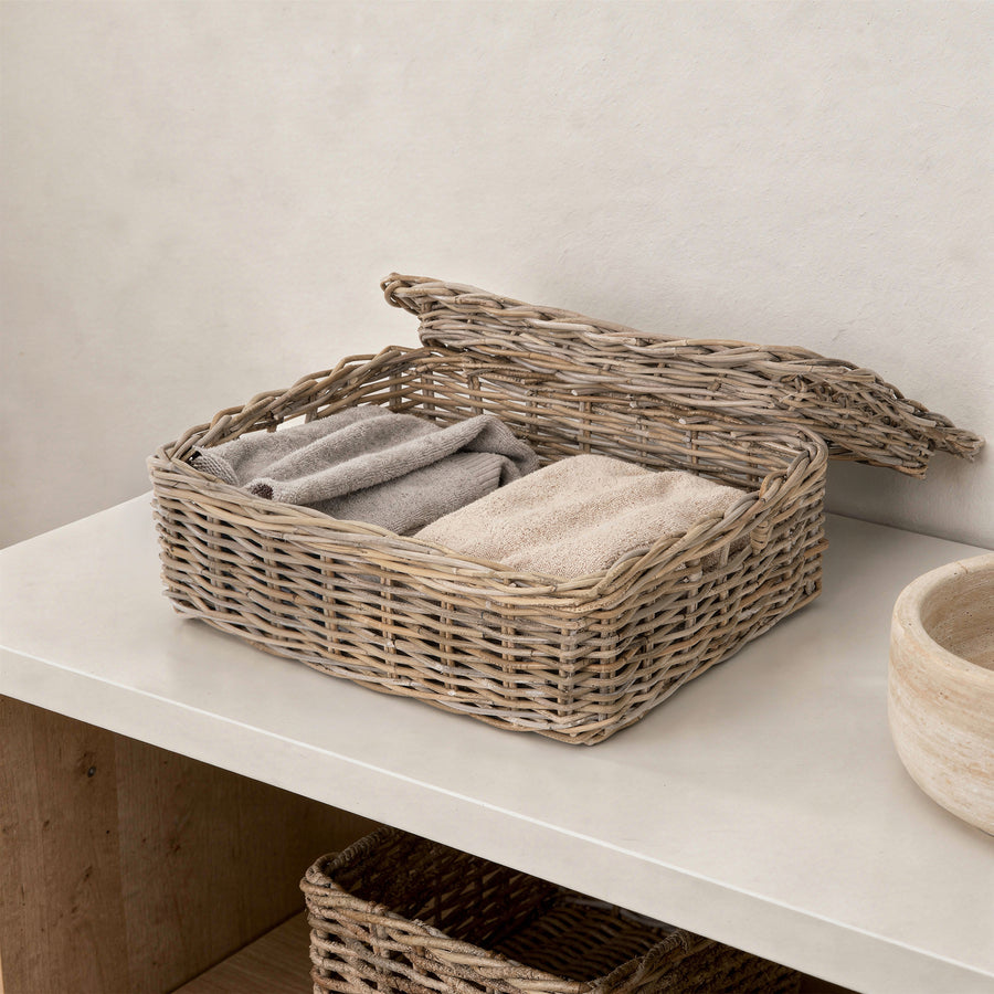 Kobo Rattan Rectangular Lidded Storage and Underbed Basket, Organizer Box, 3 Sizes