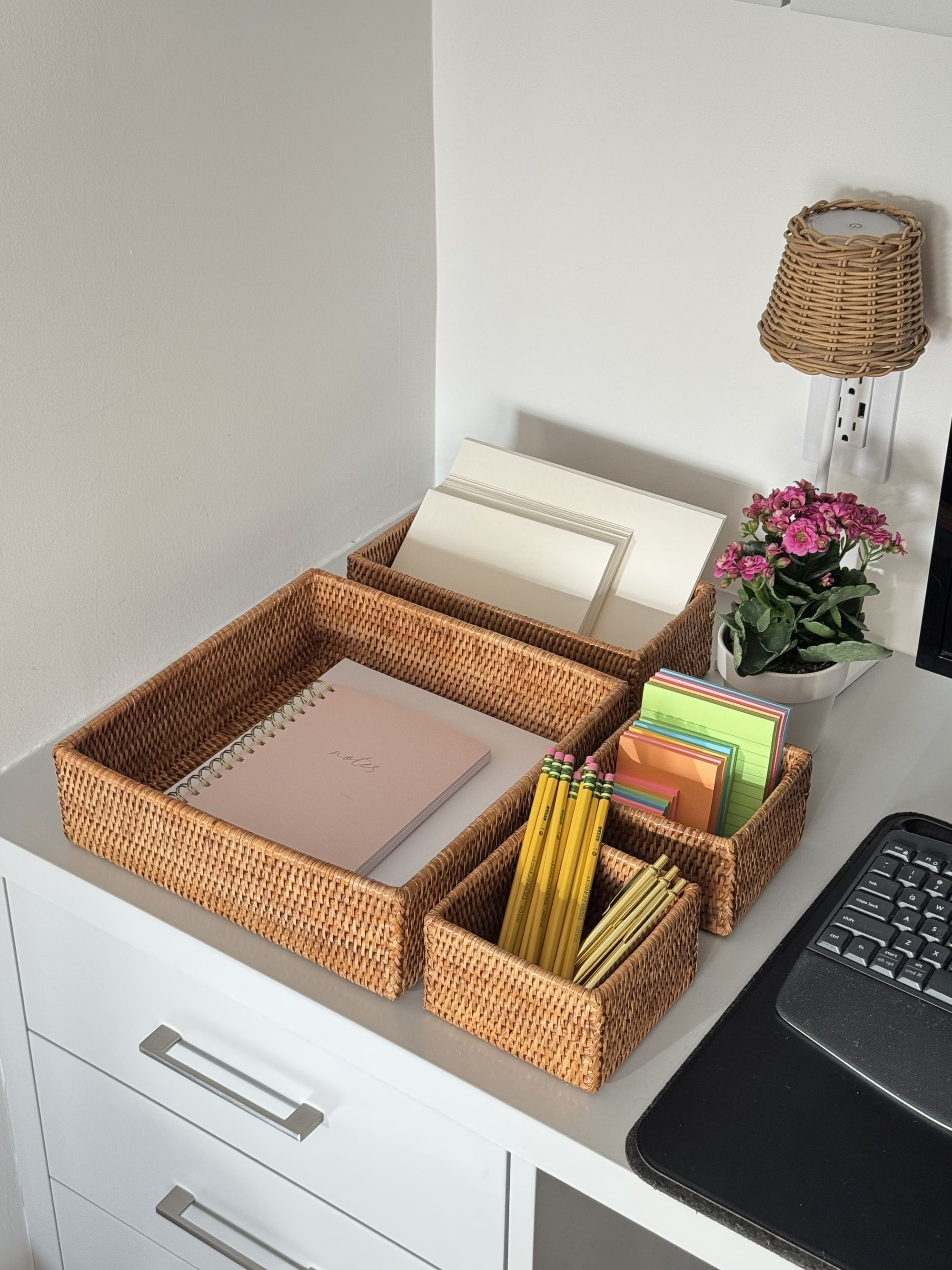 La Jolla Rattan 4-Piece Nesting Desk, Drawer, Shelf & Cabinet Tray Organizer