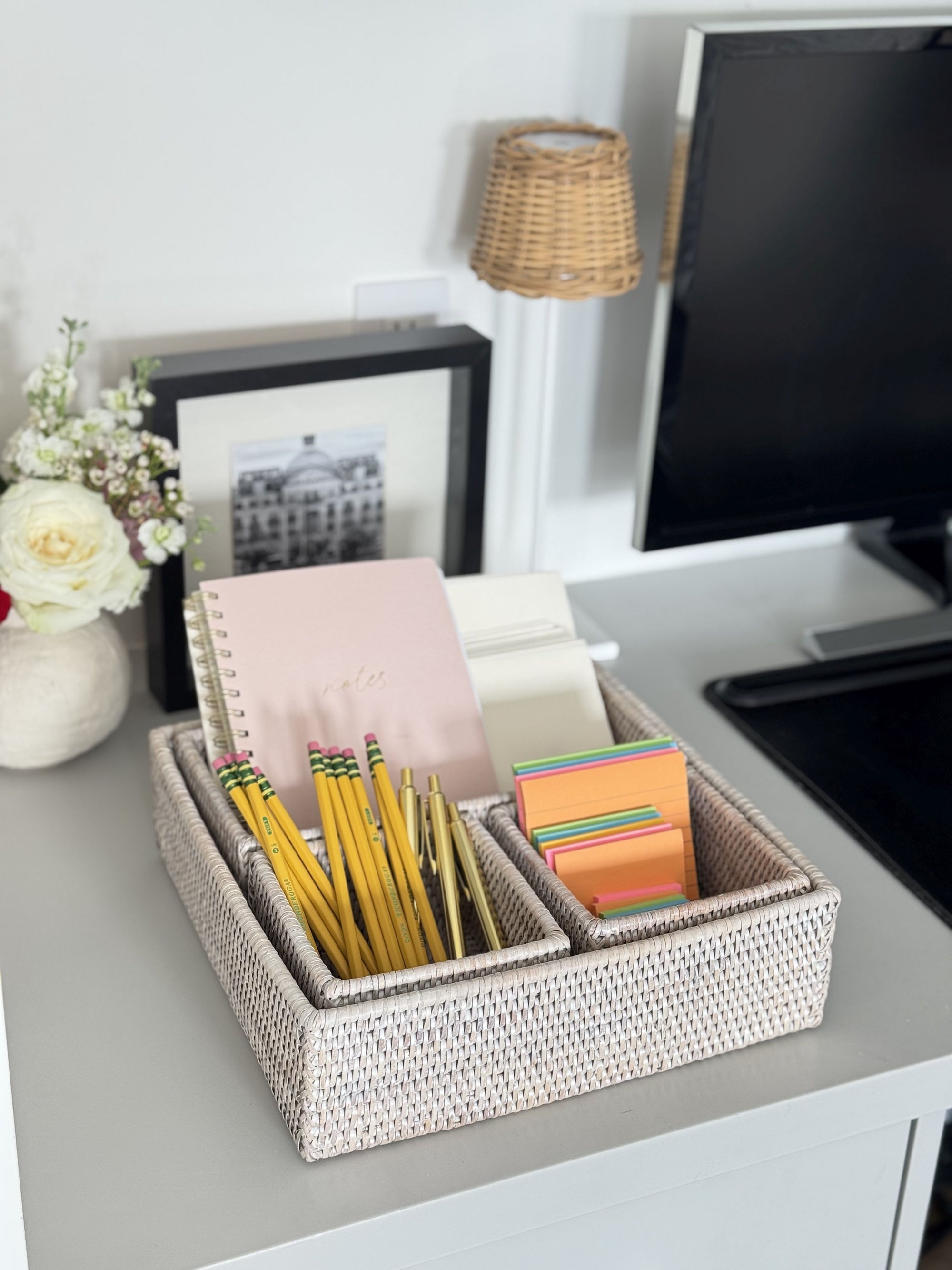La Jolla Rattan 4-Piece Nesting Desk, Drawer, Shelf & Cabinet Tray Organizer