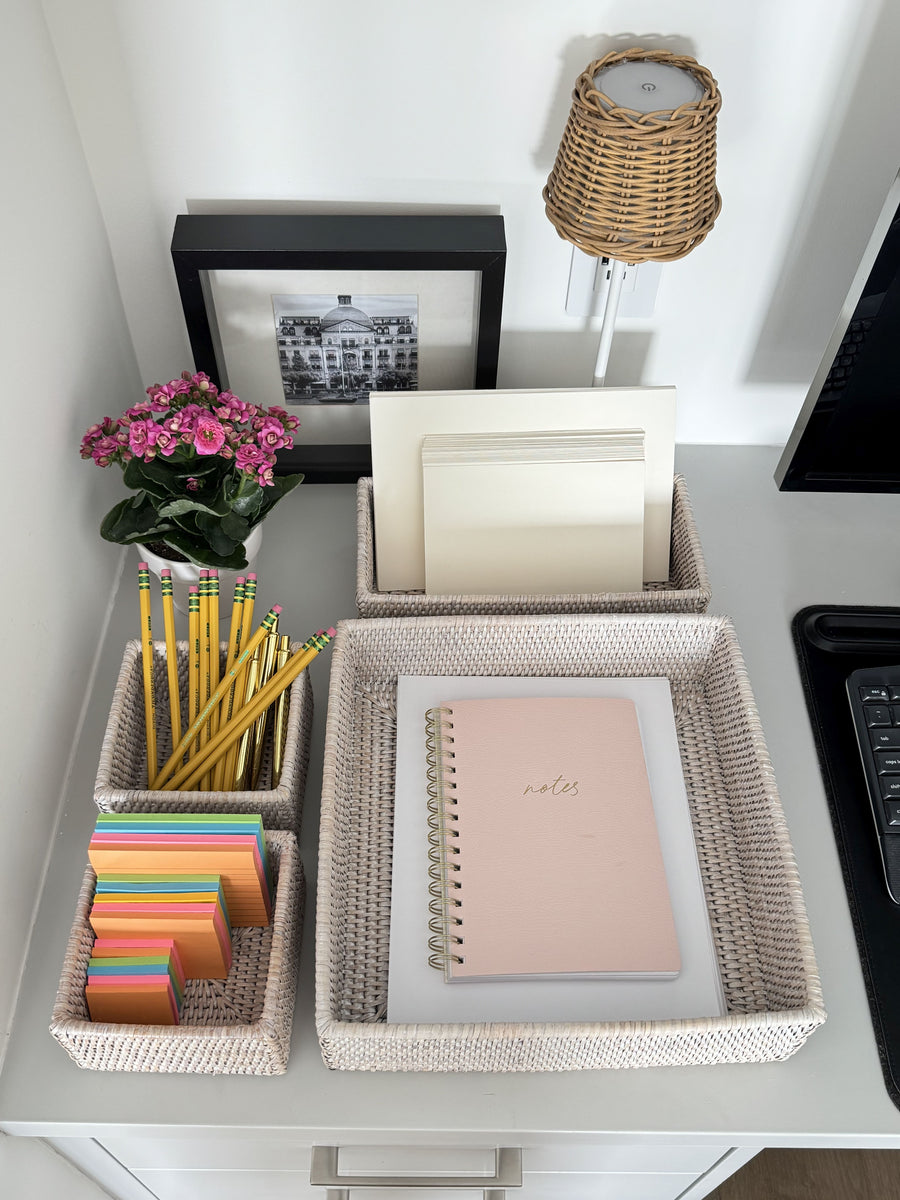 La Jolla Rattan 4-Piece Nesting Desk, Drawer, Shelf & Cabinet Tray Organizer