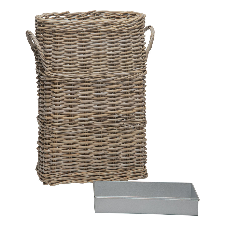 Oval Kobo Umbrella Holder with Galvanized Tin Drip Tray and Handles, Gray Brown