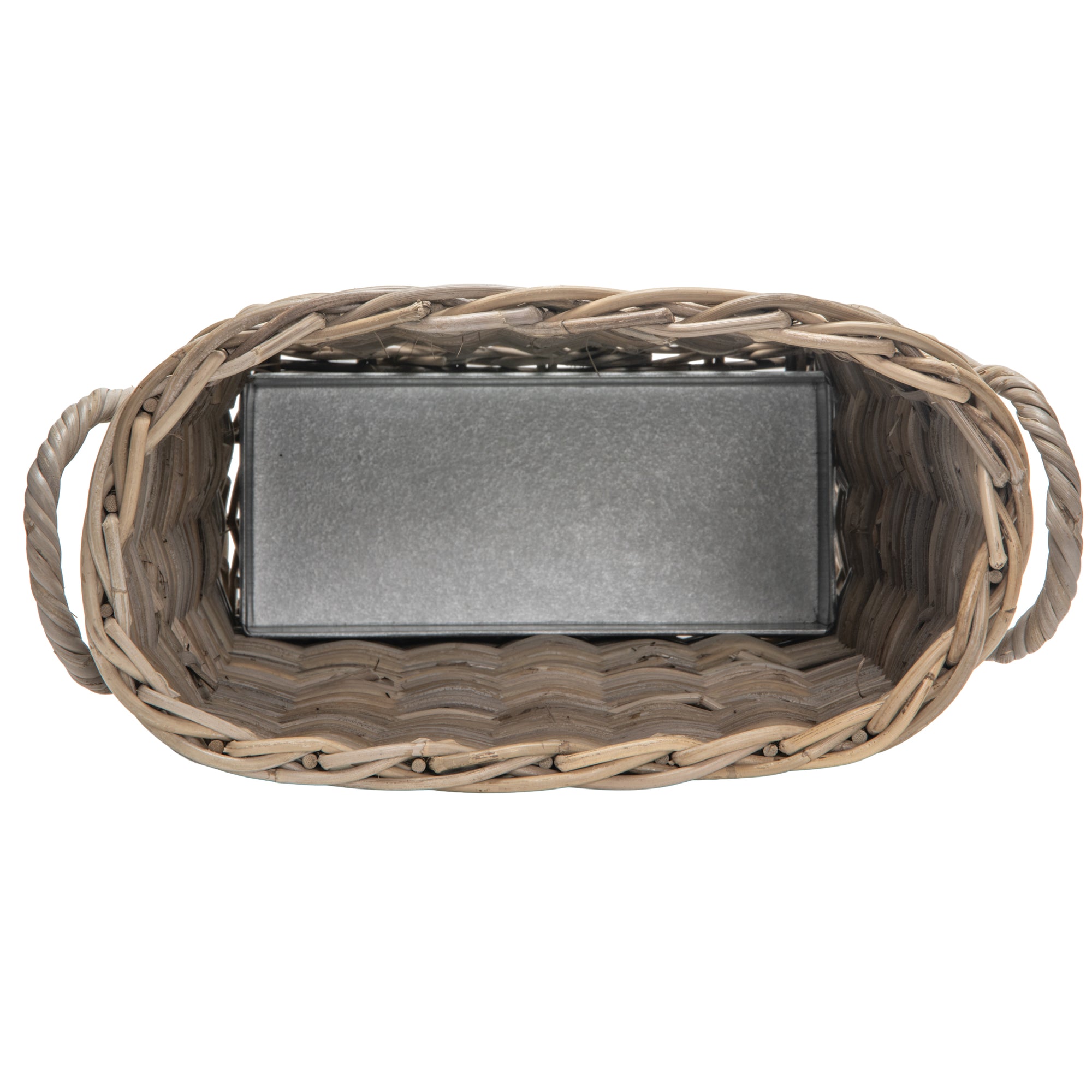 Oval Kobo Umbrella Holder with Galvanized Tin Drip Tray and Handles, Gray Brown