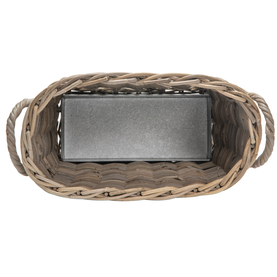 Oval Kobo Umbrella Holder with Galvanized Tin Drip Tray and Handles, Gray Brown