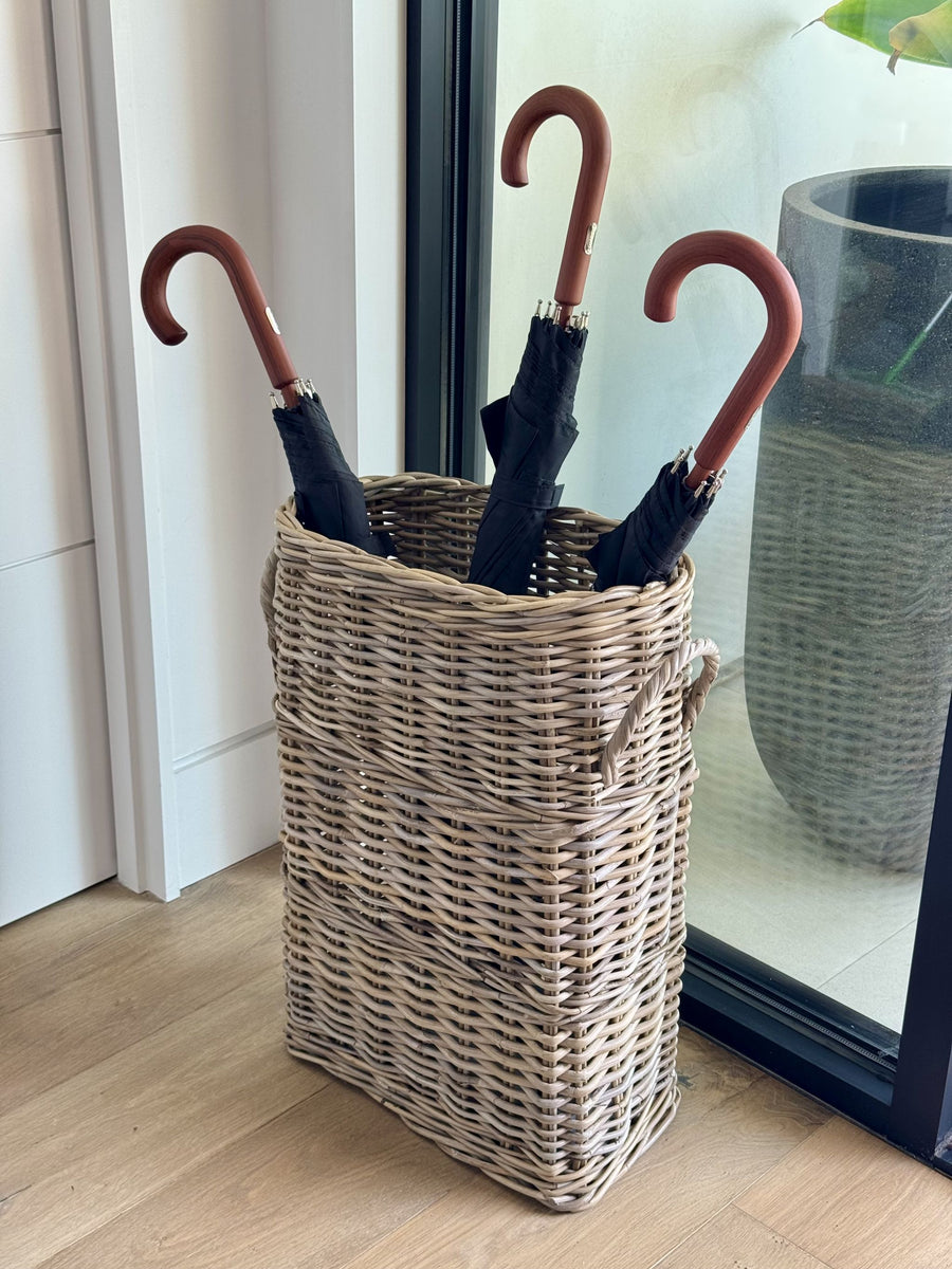 Oval Kobo Umbrella Holder with Galvanized Tin Drip Tray and Handles, Gray Brown