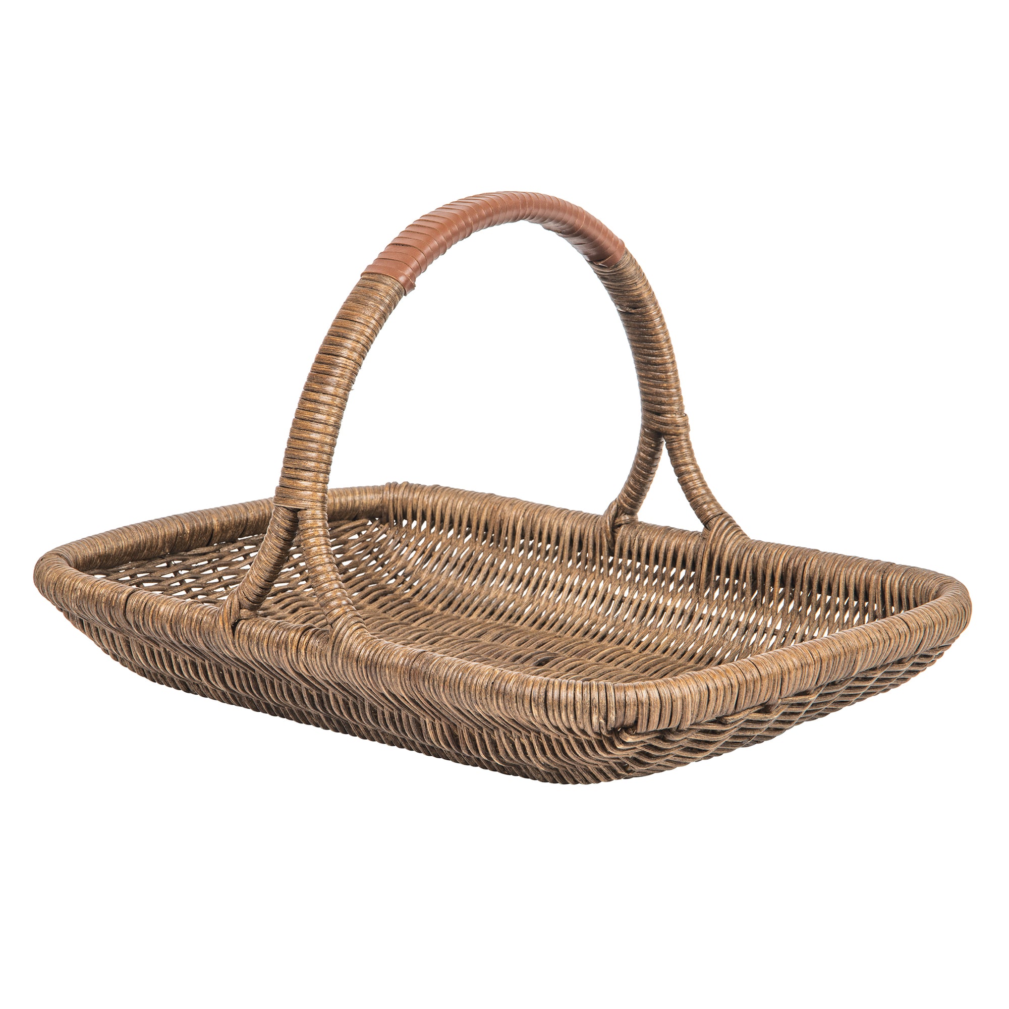 Vegetable and Flower Wicker Basket with Leather Wrapped Arch Handle, Natural Color