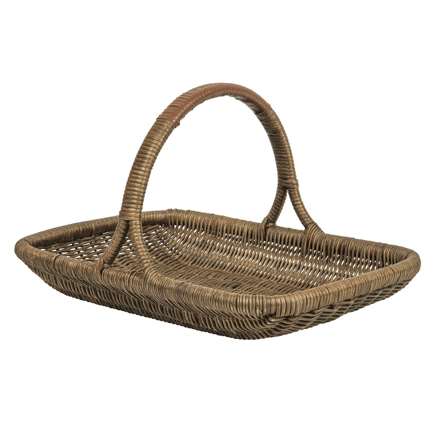 Vegetable and Flower Wicker Basket with Leather Wrapped Arch Handle, Natural Color