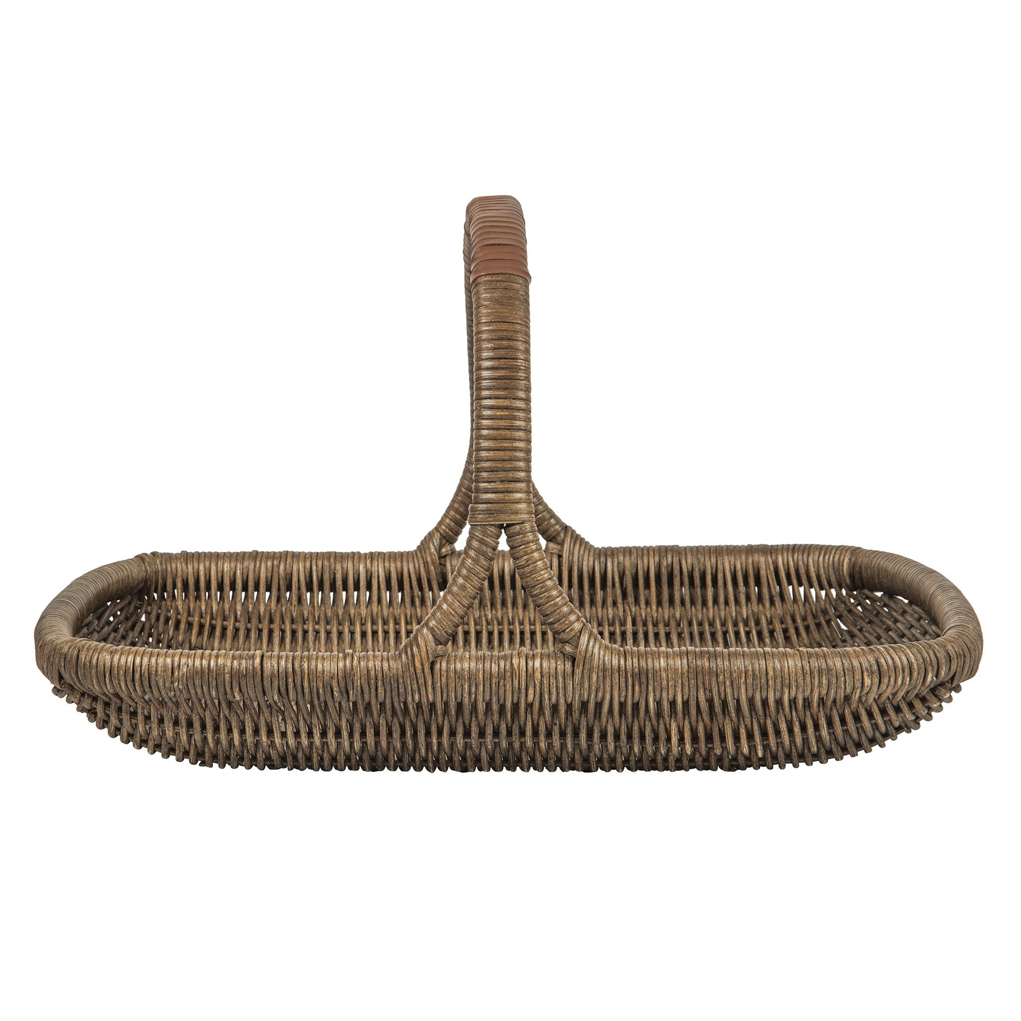 Vegetable and Flower Wicker Basket with Leather Wrapped Arch Handle, Natural Color