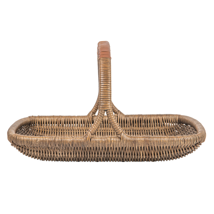 Vegetable and Flower Wicker Basket with Leather Wrapped Arch Handle, Natural Color