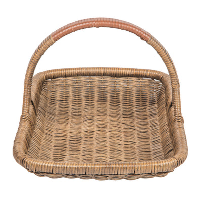 Vegetable and Flower Wicker Basket with Leather Wrapped Arch Handle, Natural Color