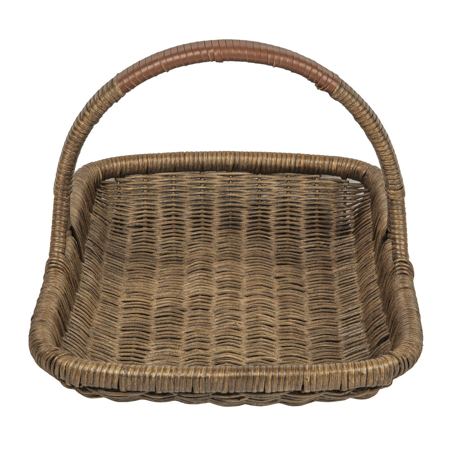 Vegetable and Flower Wicker Basket with Leather Wrapped Arch Handle, Natural Color