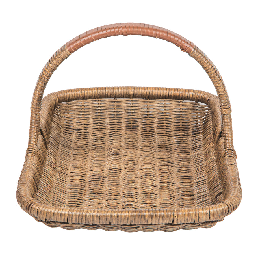 Vegetable and Flower Wicker Basket with Leather Wrapped Arch Handle, Natural Color