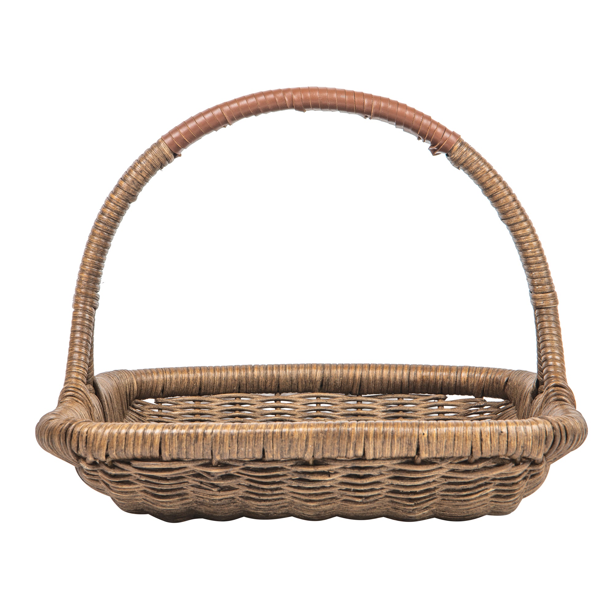 Vegetable and Flower Wicker Basket with Leather Wrapped Arch Handle, Natural Color