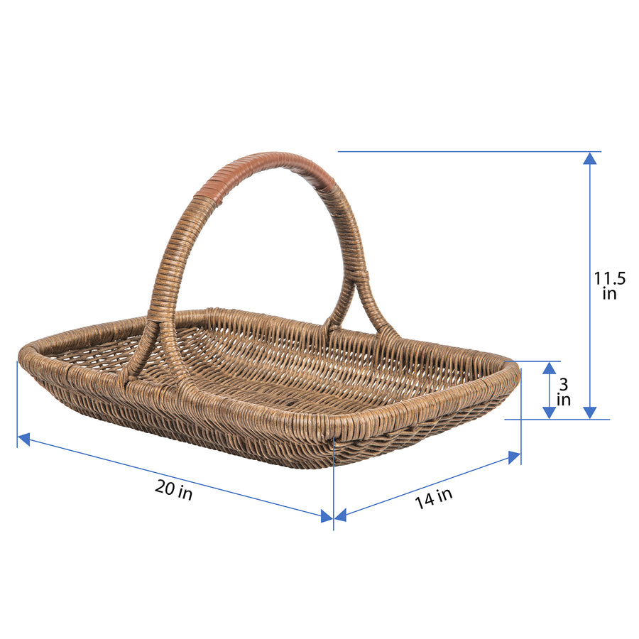 Vegetable and Flower Wicker Basket with Leather Wrapped Arch Handle, Natural Color