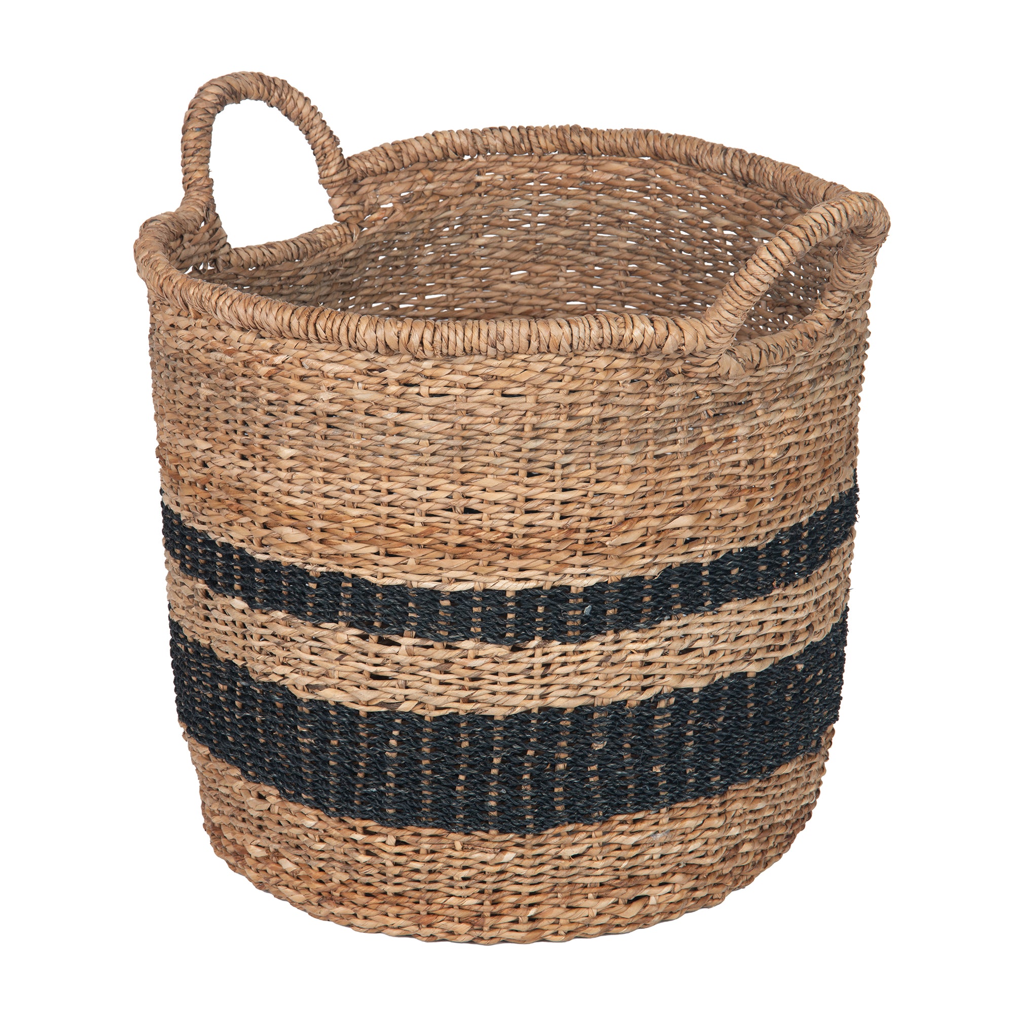 Round Abaca Striped Decorative Storage Basket with Handles, Natural and Black
