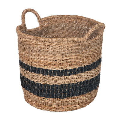 Round Abaca Striped Decorative Storage Basket with Handles, Natural and Black