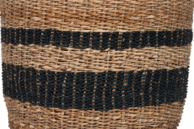Round Abaca Striped Decorative Storage Basket with Handles, Natural and Black