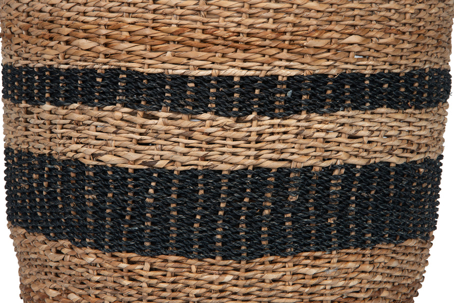Round Abaca Striped Decorative Storage Basket with Handles, Natural and Black