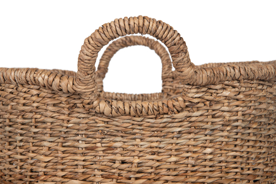 Round Abaca Striped Decorative Storage Basket with Handles, Natural and Black