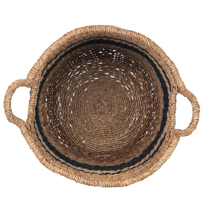 Round Abaca Striped Decorative Storage Basket with Handles, Natural and Black