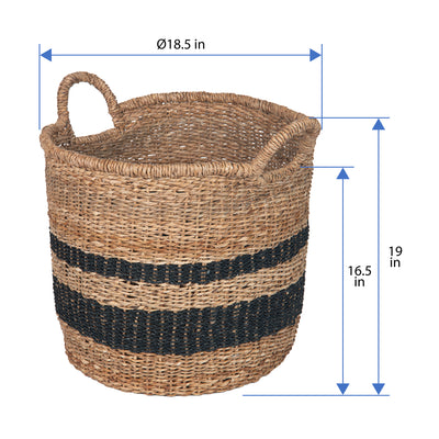 Round Abaca Striped Decorative Storage Basket with Handles, Natural and Black