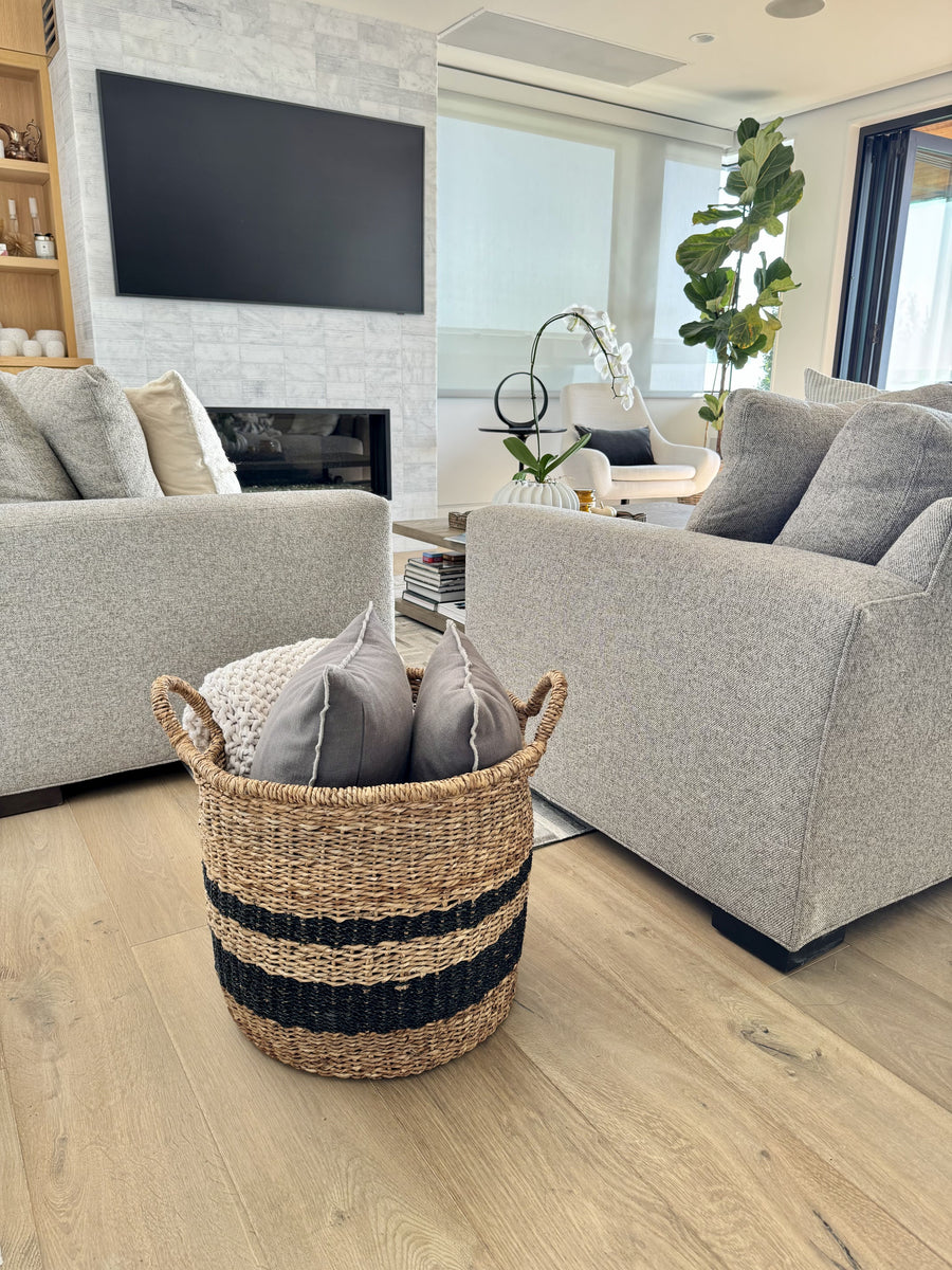 Round Abaca Striped Decorative Storage Basket with Handles, Natural and Black